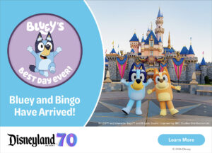 Disney banner with Bluey and Bing. Links to Disney ticket store