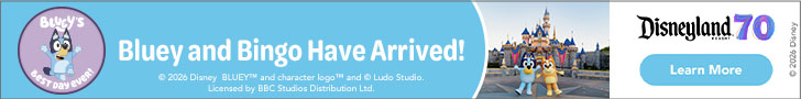 Disney banner with Bluey and Bingo. Links to the Disney ticket store